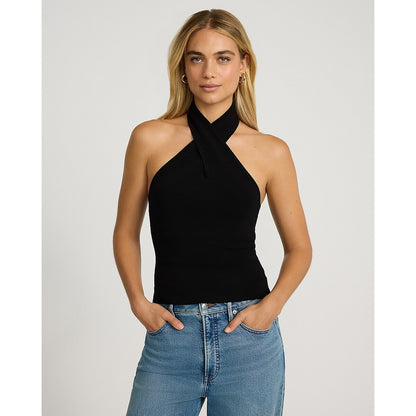 Silky Soft Fitted Cross Halter Neck Sweater Tank