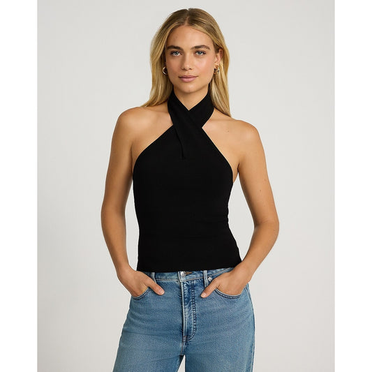 Silky Soft Fitted Cross Halter Neck Sweater Tank