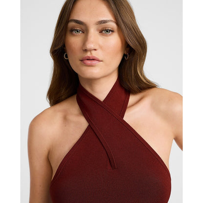 Silky Soft Fitted Cross Halter Neck Sweater Tank