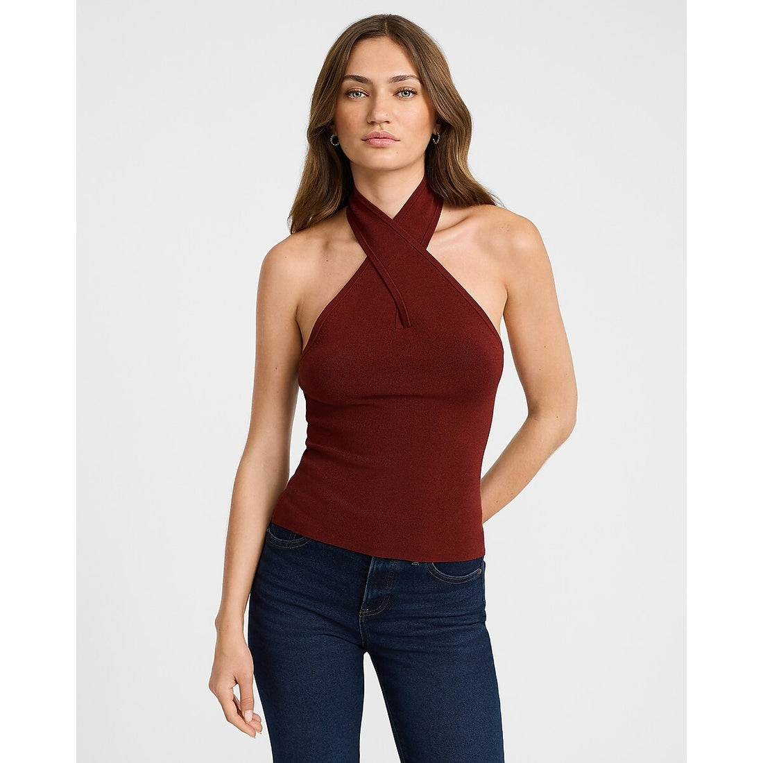 Silky Soft Fitted Cross Halter Neck Sweater Tank