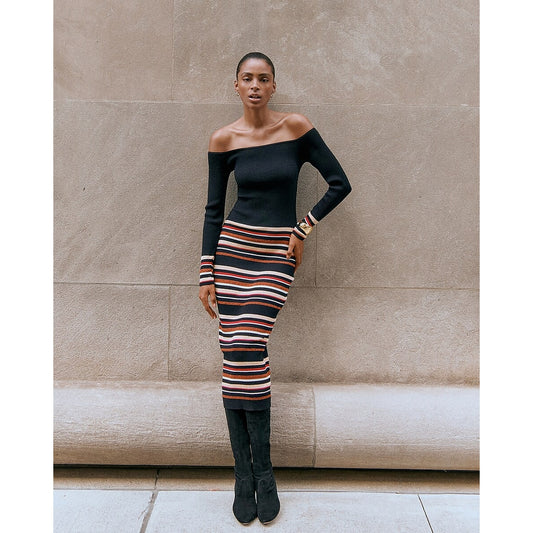 Striped Off The Shoulder Long Sleeve Maxi Sweater Dress