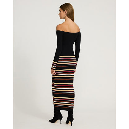 Striped Off The Shoulder Long Sleeve Maxi Sweater Dress