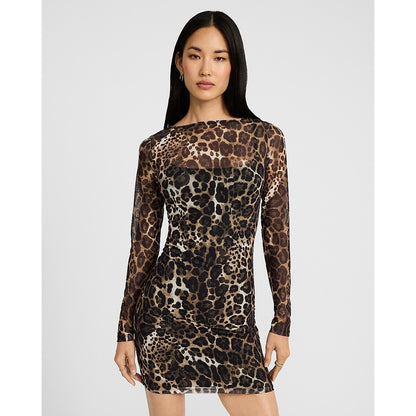 Leopard Mesh Boat Neck Long Sleeve Mini Dress