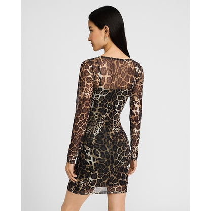 Leopard Mesh Boat Neck Long Sleeve Mini Dress