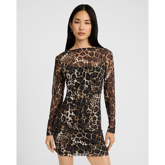 Leopard Mesh Boat Neck Long Sleeve Mini Dress
