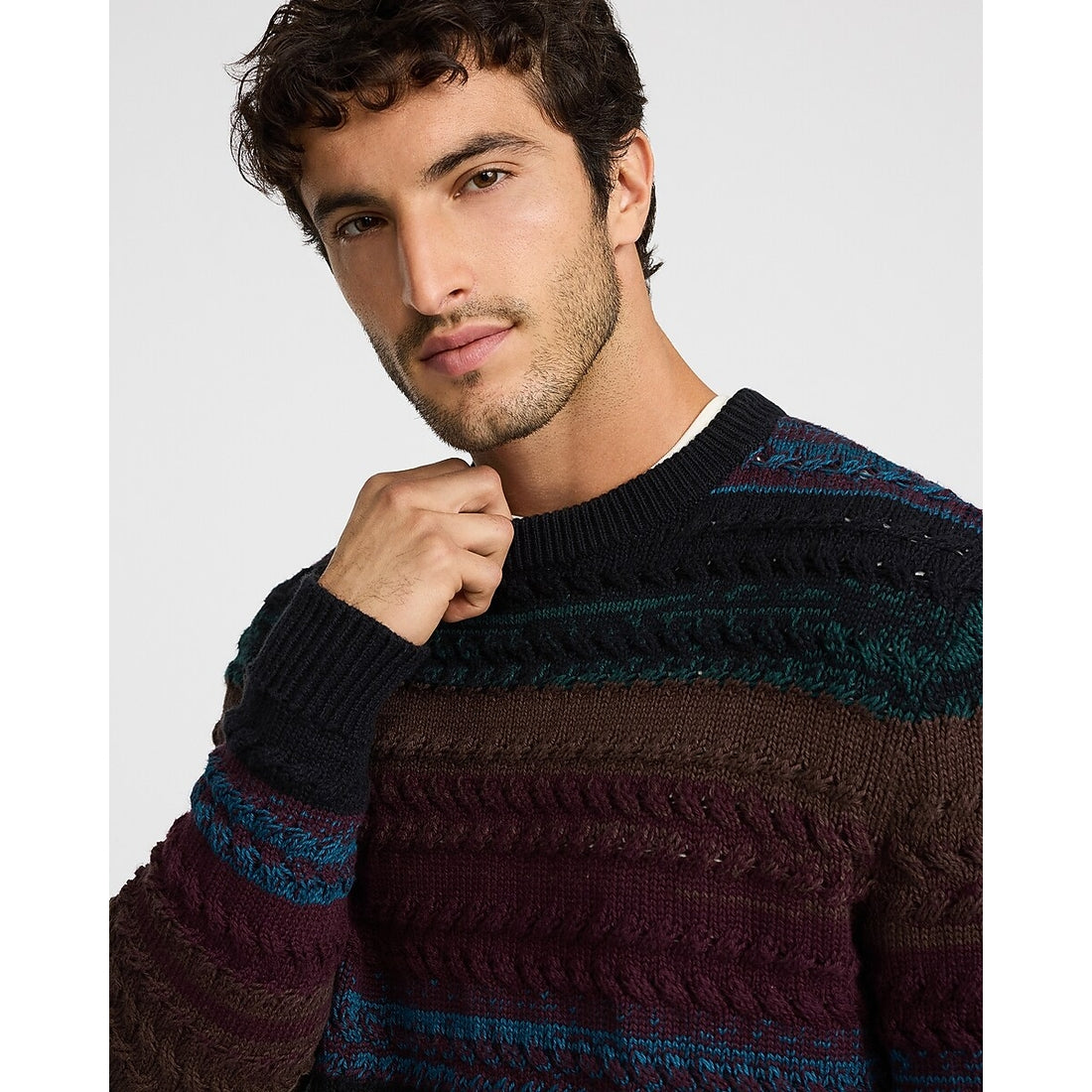 Striped Cotton Cable Knit Crew Neck Sweater