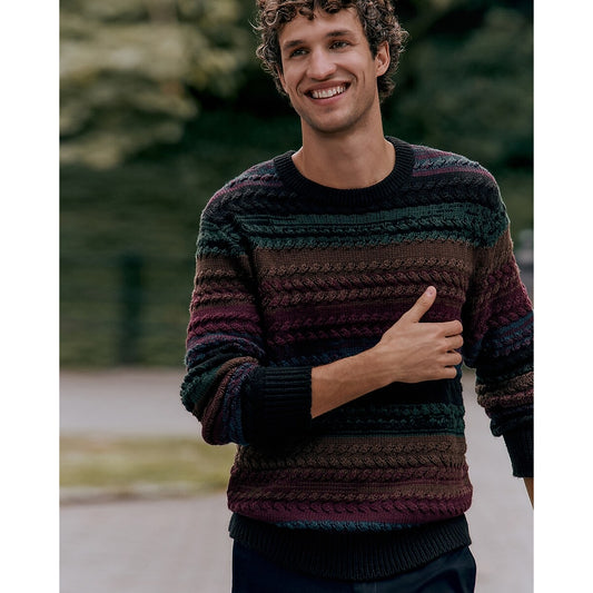 Striped Cotton Cable Knit Crew Neck Sweater