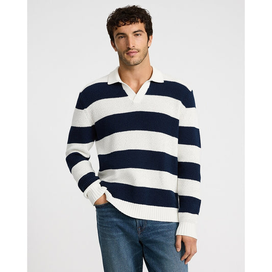 Striped Waffle Knit Cotton Johnny Collar Sweater