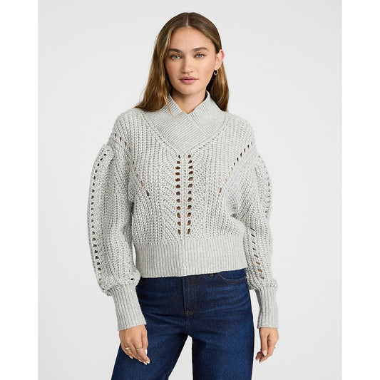 Open Stitch Shawl Neck Puff Sleeve Sweater
