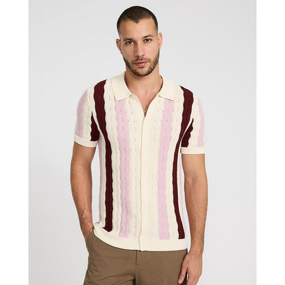 Textured Wavy Striped Cotton-Blend Short Sleeve Sweater Polo