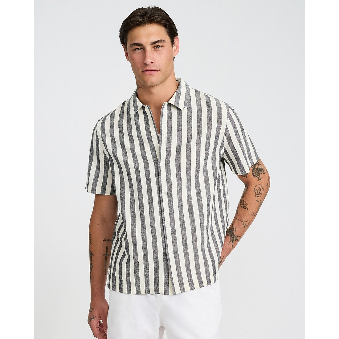 Striped Linen Cotton Short Sleeve Shirt