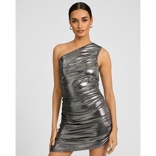 Metallic One Shoulder Ruched Mini Dress