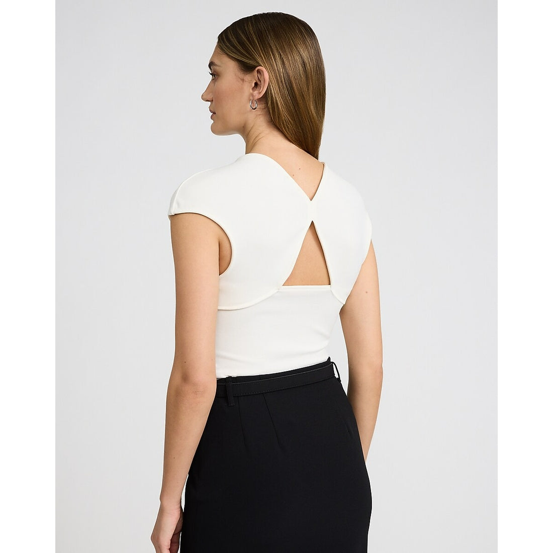 Studio Stretch Crepe Cap Sleeve Back Cutout Bodysuit