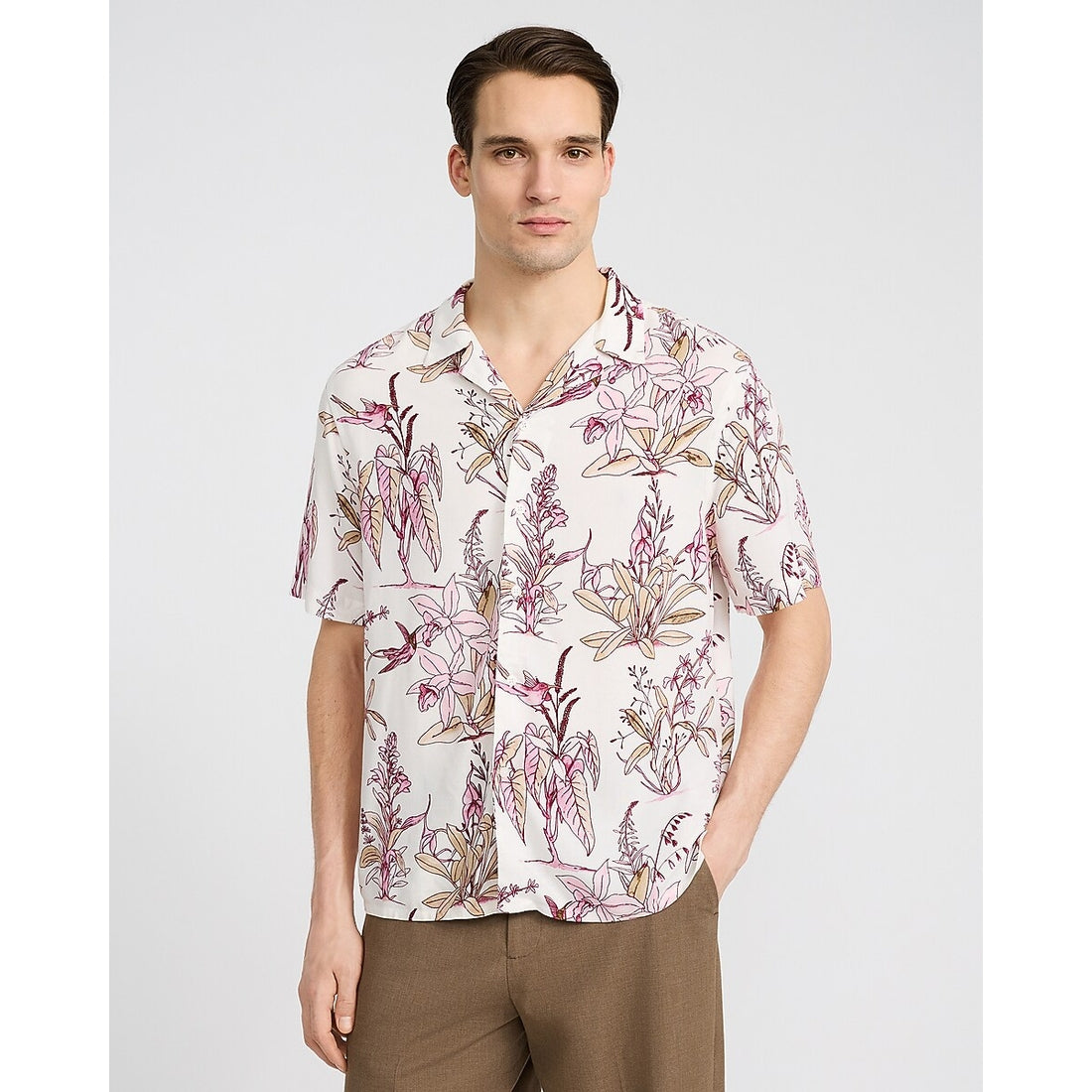 Floral Bird Camp Collar Short Sleeve Shirt