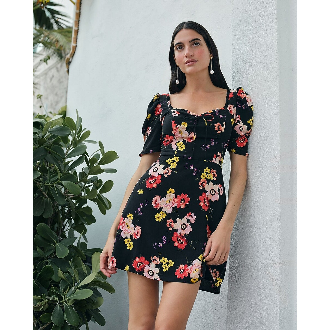 Floral Ruffle Sweetheart Puff Sleeve Mini Dress
