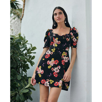 Floral Ruffle Sweetheart Puff Sleeve Mini Dress