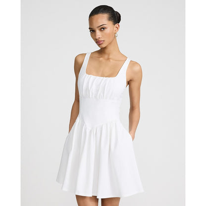 Knit Square Neck Basque Waist Mini Dress with Pockets