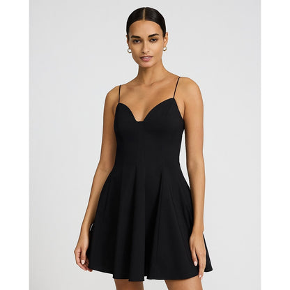 Poplin V-Neck Sleeveless Seamed Mini Dress with Pockets