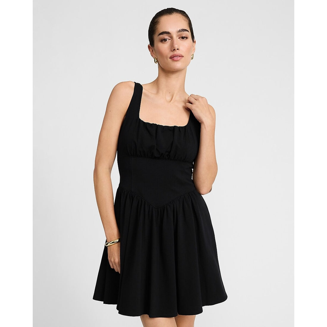 Knit Square Neck Basque Waist Mini Dress with Pockets