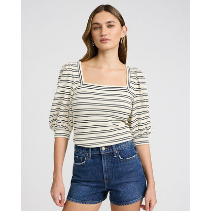 Jacquard Striped Square Neck Puff Sleeve Tee