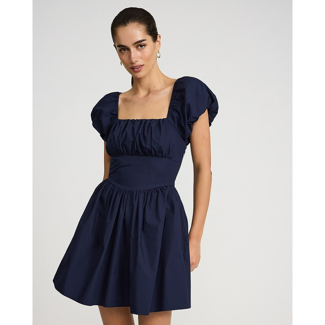 Poplin Square Neck Puff Sleeve Corset Mini Dress with Pockets
