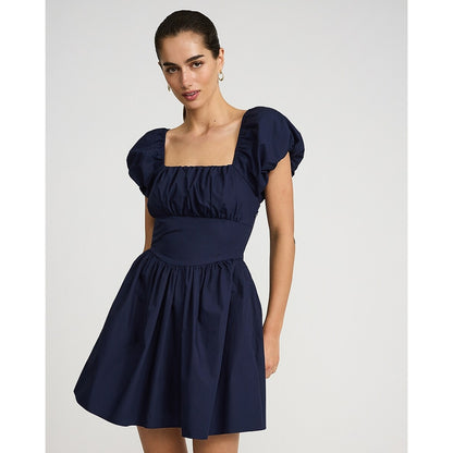 Poplin Square Neck Puff Sleeve Corset Mini Dress with Pockets