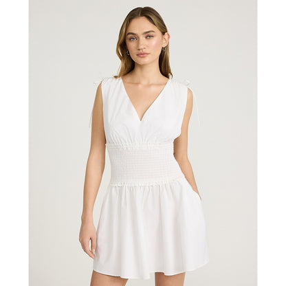 Cotton Poplin V-Neck Smocked Waist Mini Dress with Pockets