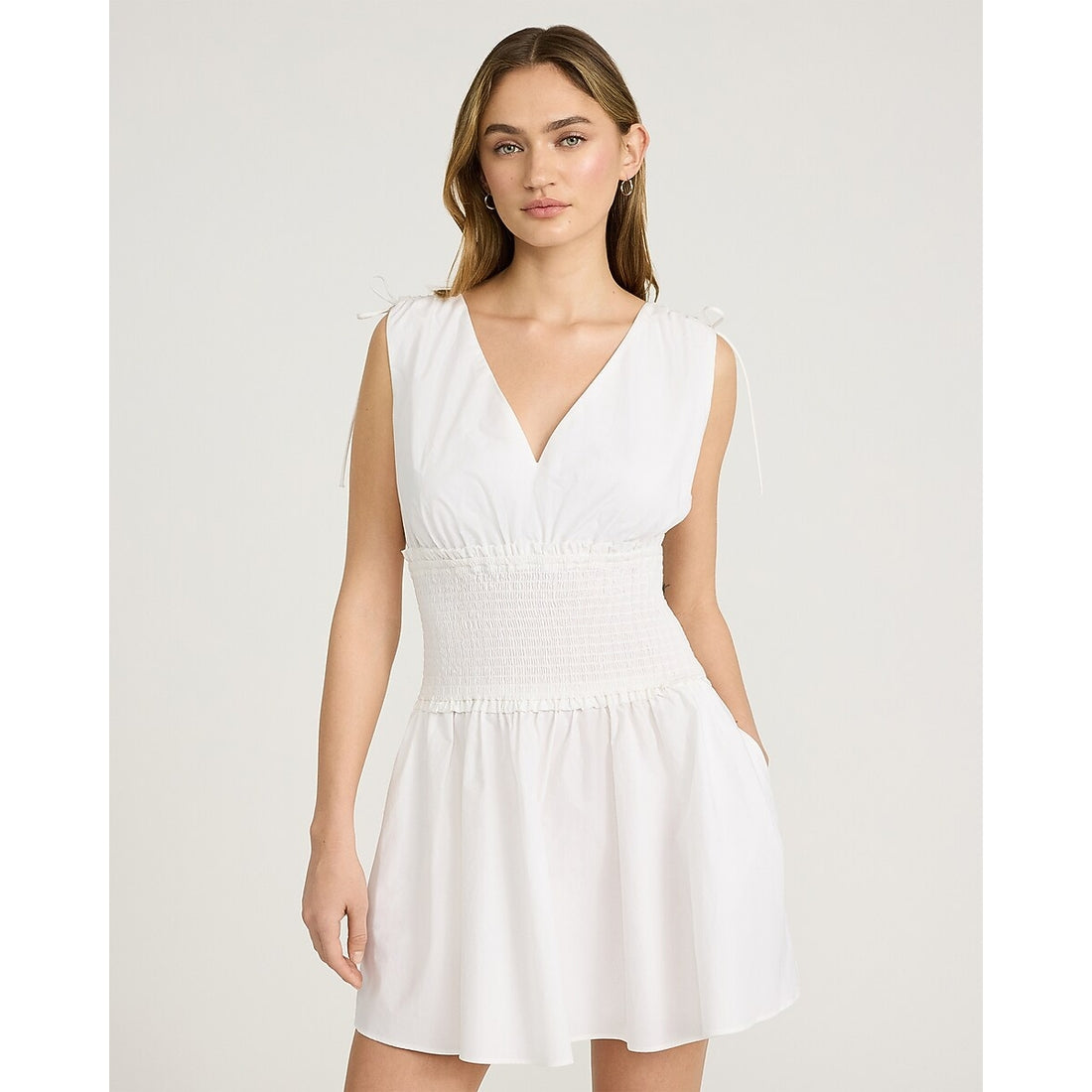 Cotton Poplin V-Neck Smocked Waist Mini Dress with Pockets