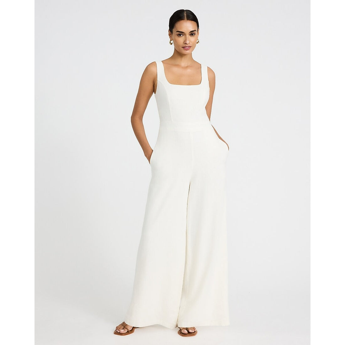 Linen-Blend Sleeveless Square Neck Wide Leg Jumpsuit with Pockets