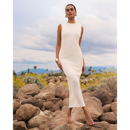 Textured Knit Crew Neck Sleeveless Midi Sheath Dress
