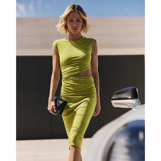 Crew Neck Cap Sleeve Ruched Cutout Midi Sheath Dress