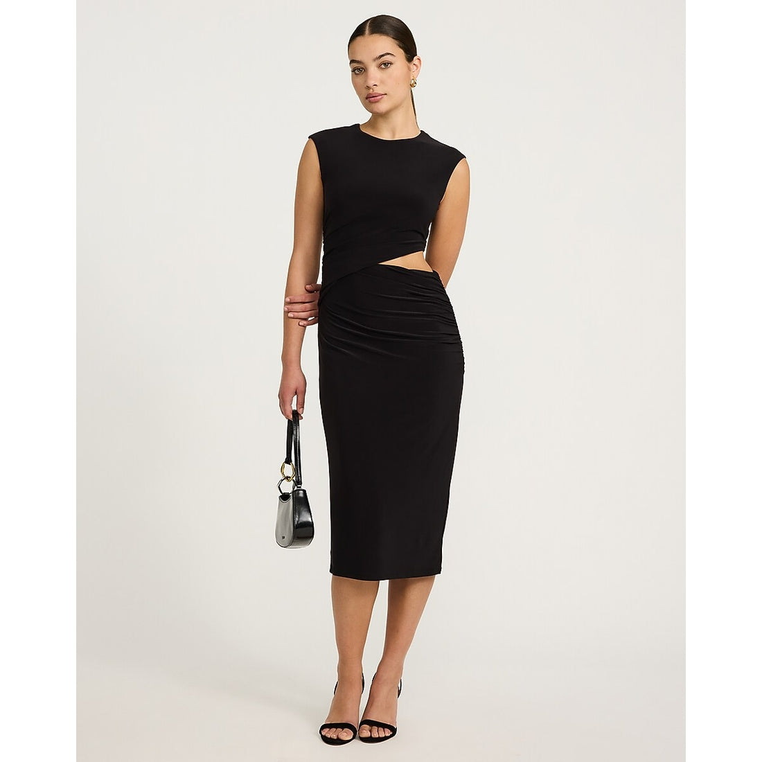 Crew Neck Cap Sleeve Ruched Cutout Midi Sheath Dress