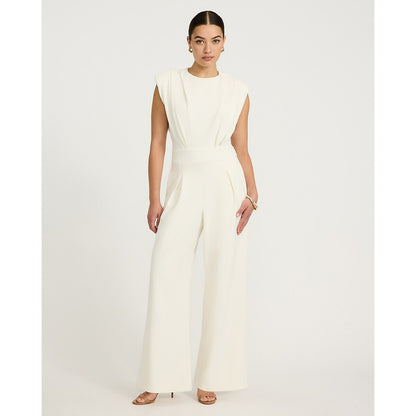 Crepe Crew Neck Cap Sleeve Wide Leg Jumpsuit with Pockets