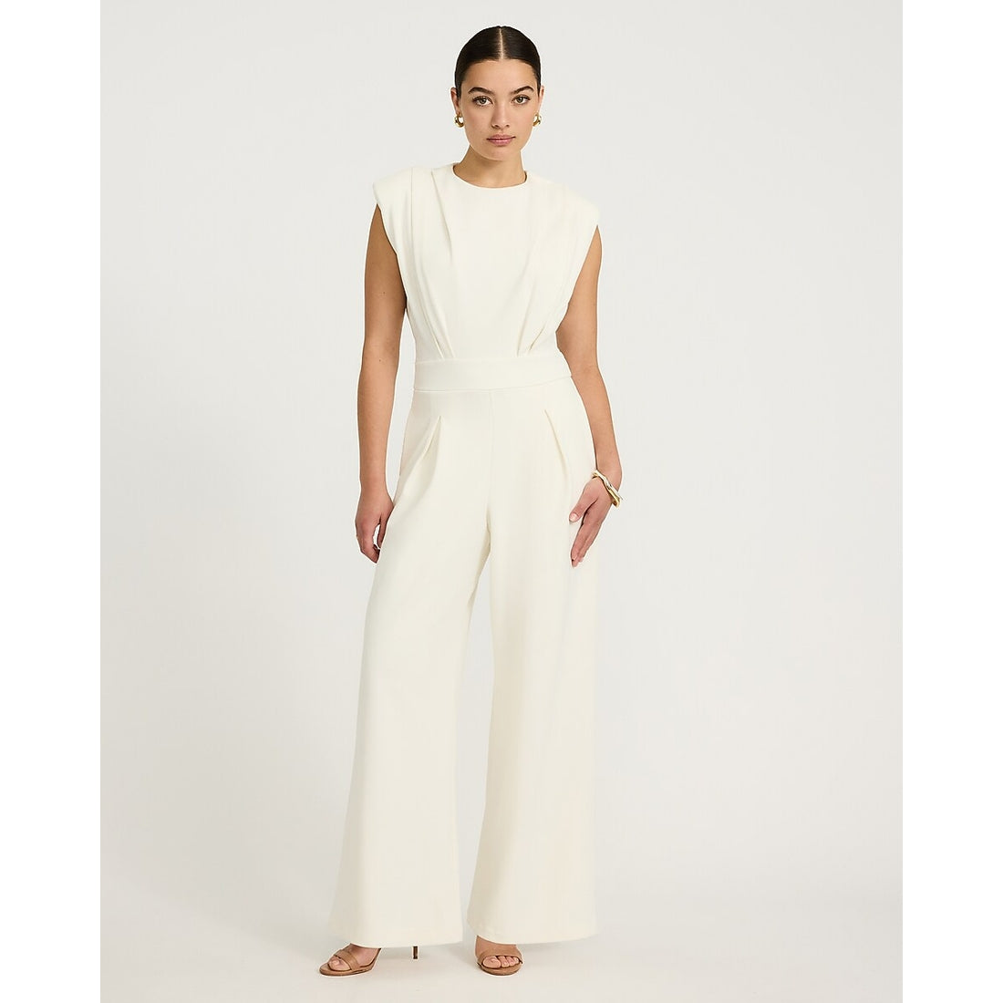 Crepe Crew Neck Cap Sleeve Wide Leg Jumpsuit with Pockets