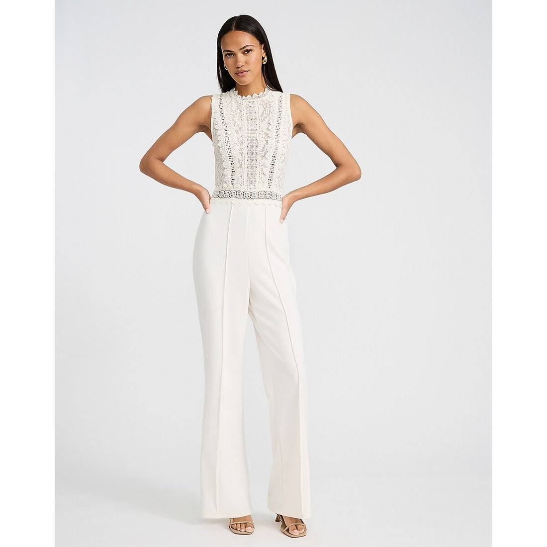 Lace Crew Neck Sleeveless Sheer Wide Leg Jumpsuit