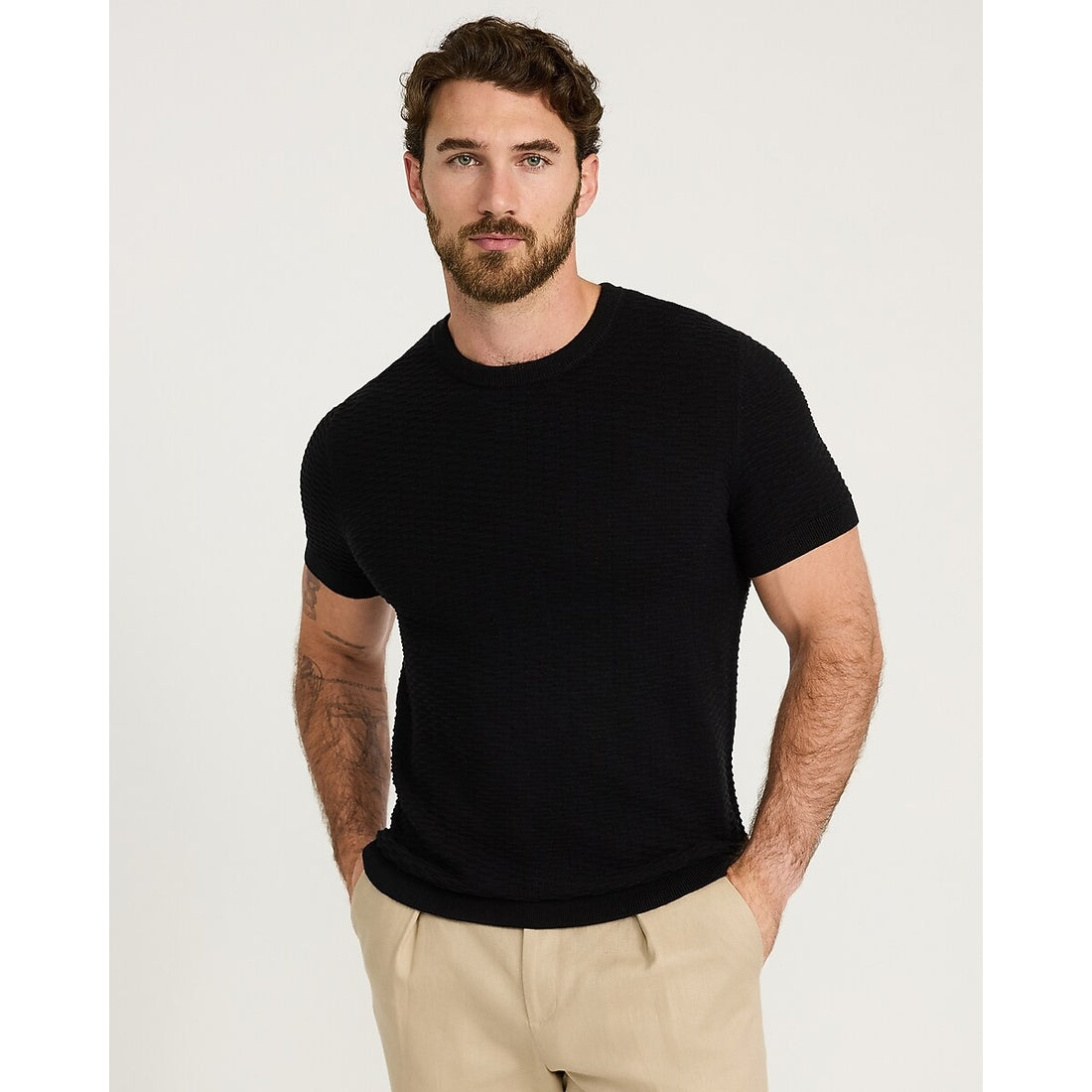 Textured Cotton Crew Neck Sweater T-Shirt