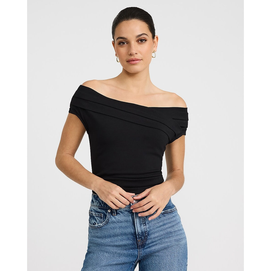 Off The Shoulder Crossover Front Pleated Top
