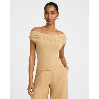 Off The Shoulder Crossover Front Pleated Top