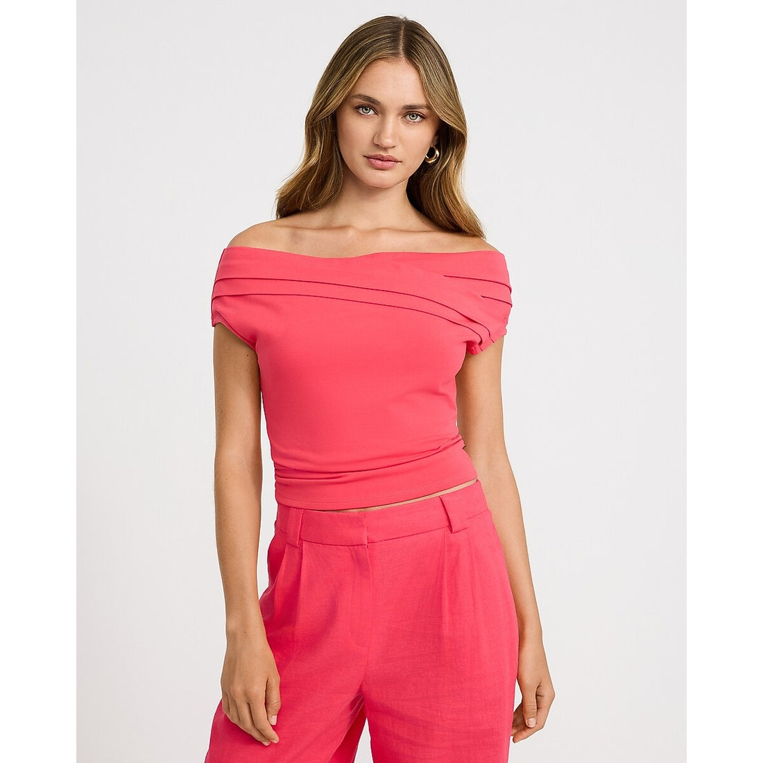 Off The Shoulder Crossover Front Pleated Top