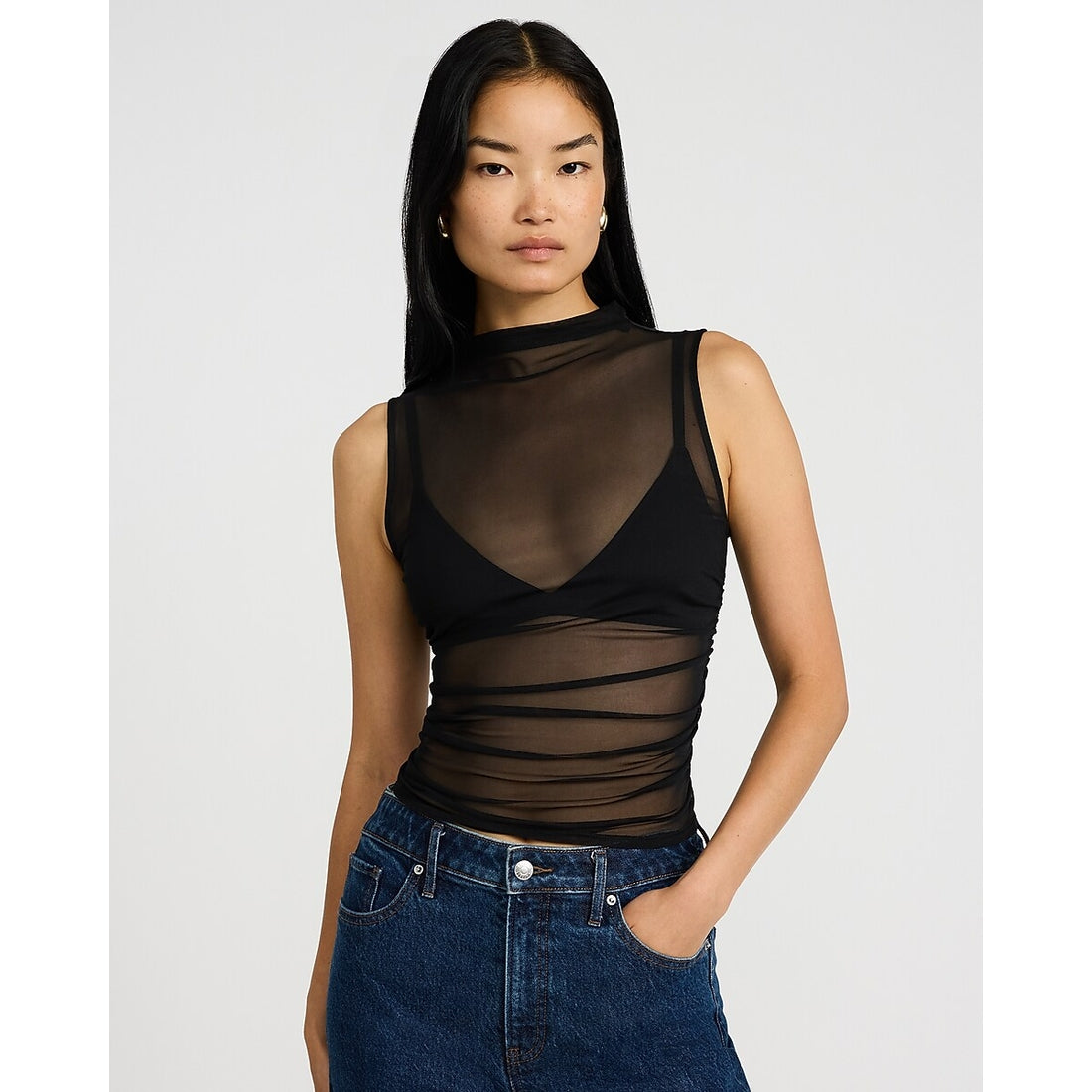 Mesh Mock Neck Ruched Tank