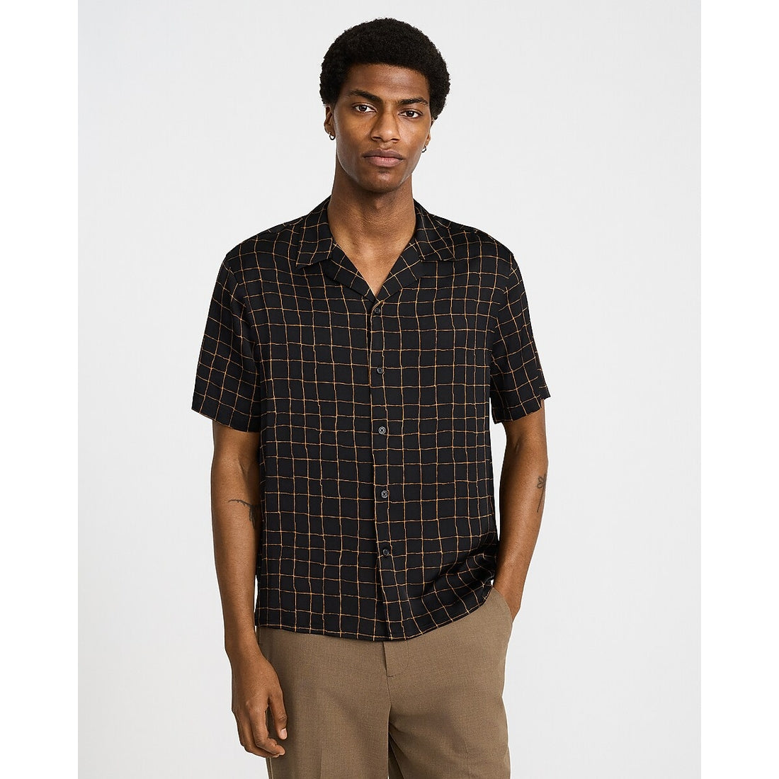 Windowpane Camp Collar Short Sleeve Resort Shirt