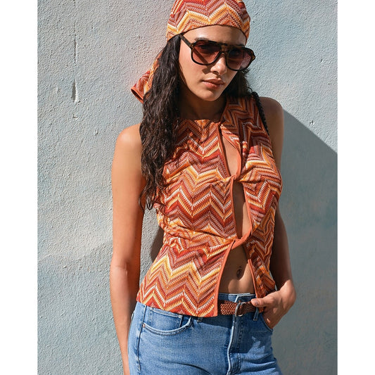 Chevron Crochet Crew Neck Cutout Twist Front Tank