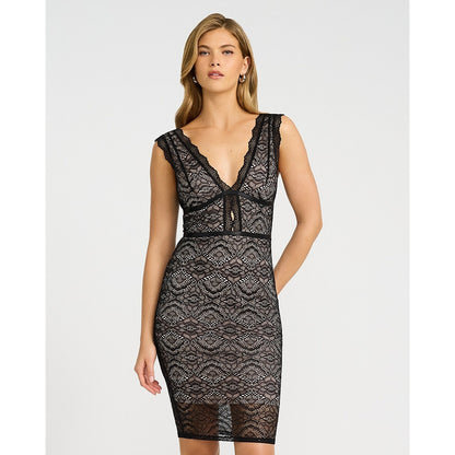 EXPRESS x bebe Lace V-Neck Strappy Mini Sheath Dress