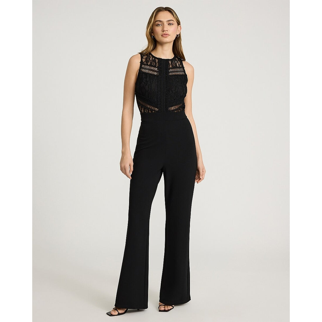 EXPRESS x bebe Lace Pieced Crew Neck Wide Leg Jumpsuit