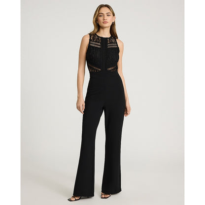 EXPRESS x bebe Lace Pieced Crew Neck Wide Leg Jumpsuit