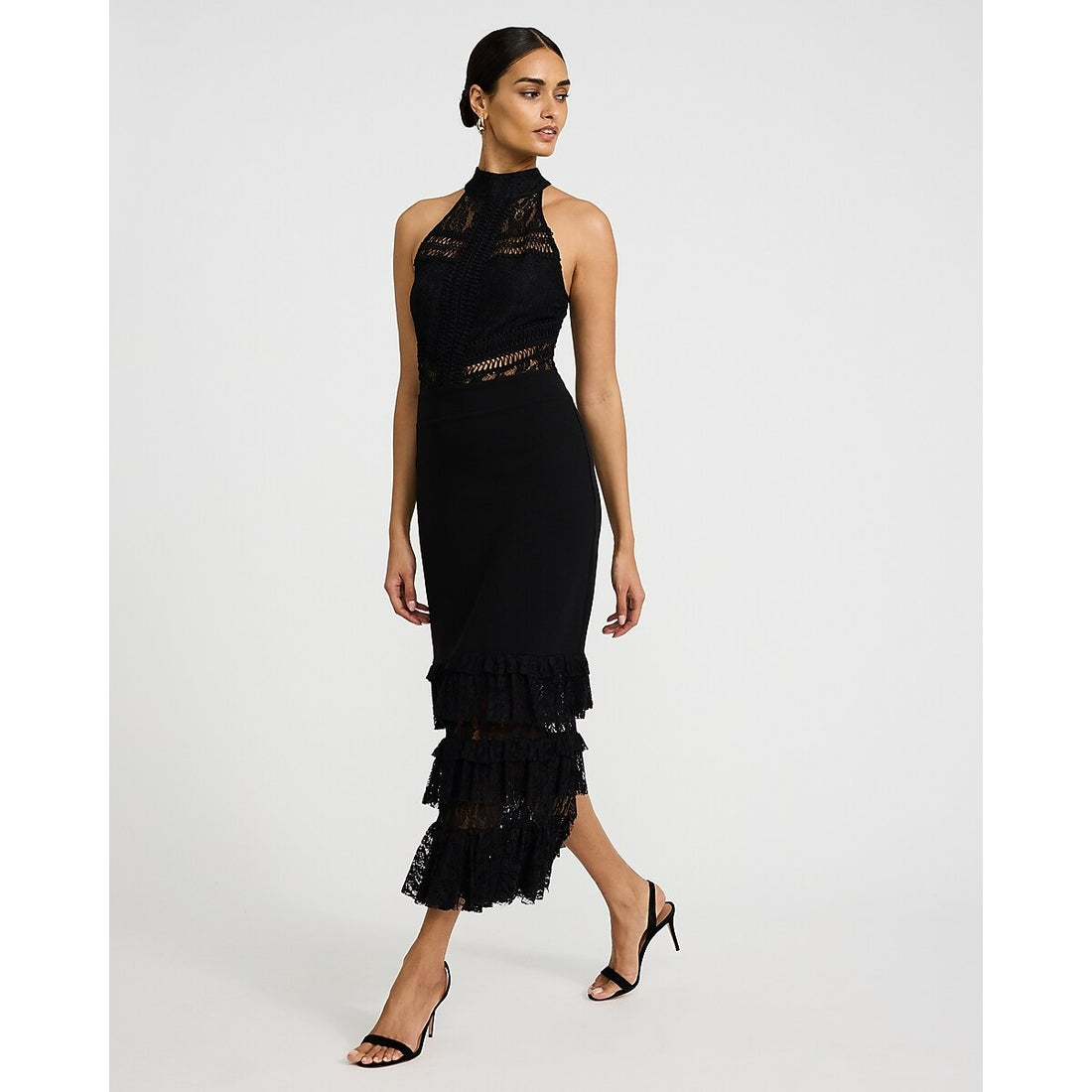 EXPRESS x bebe Lace Pieced Halter Tiered Midi Dress