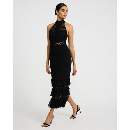 EXPRESS x bebe Lace Pieced Halter Tiered Midi Dress