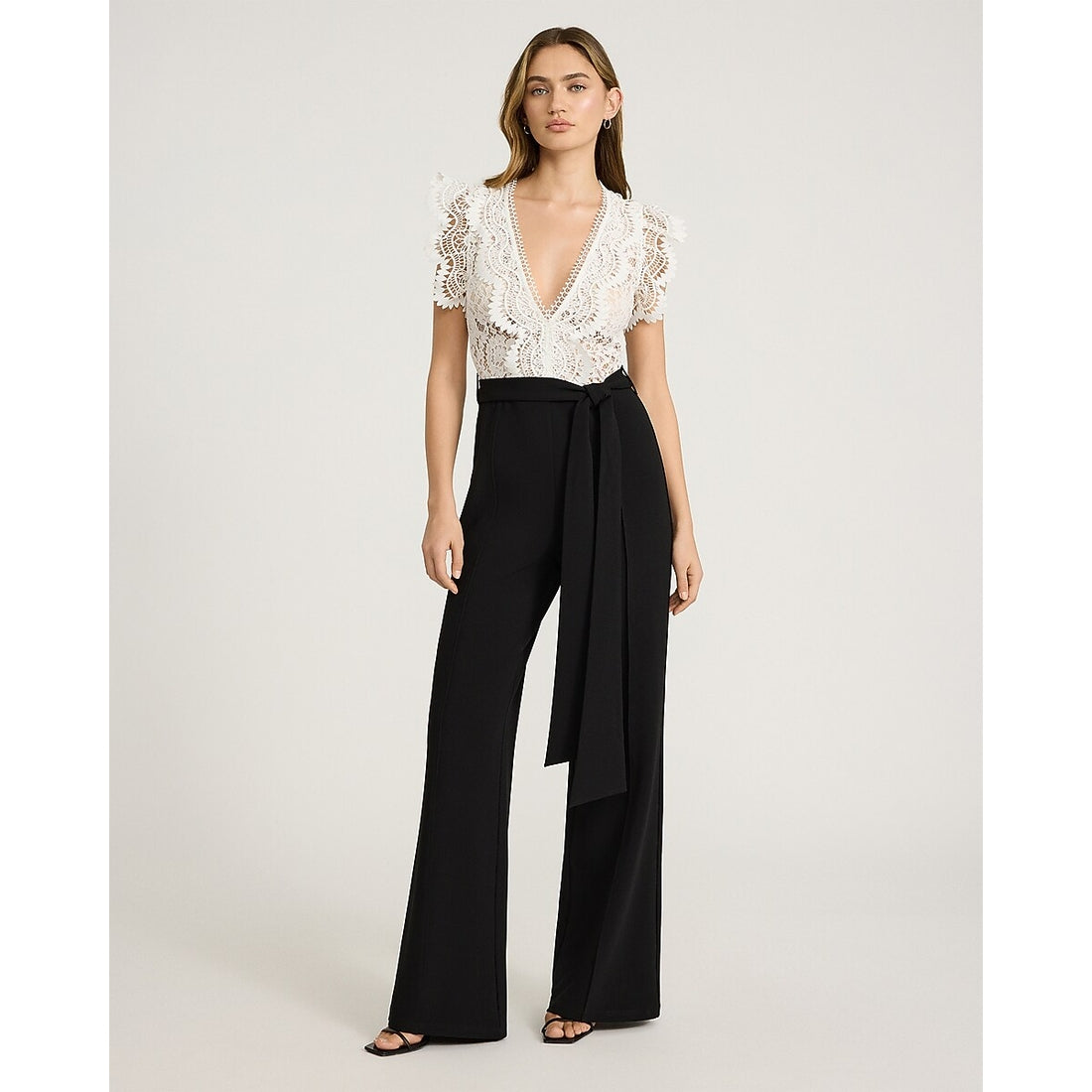 EXPRESS x bebe Lace Color Block V-Neck Belted Wide Leg Jumpsuit