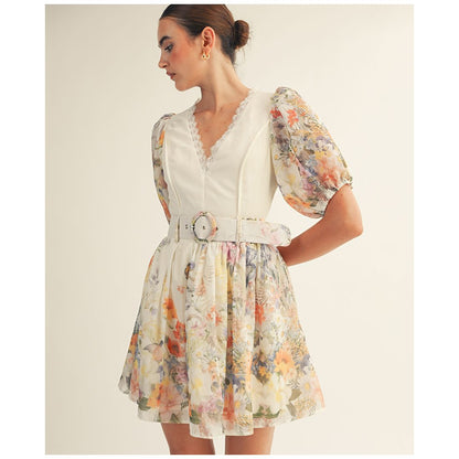 Arose Studio, Inc Women's Floral Garden Border Print Belted Mini Dress