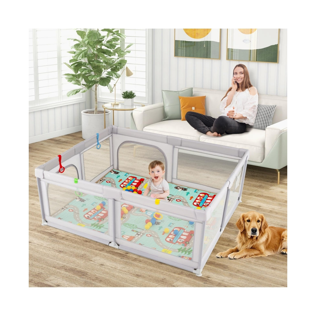 Slickblue Toddler Playpen with Mat and Breathable Mesh